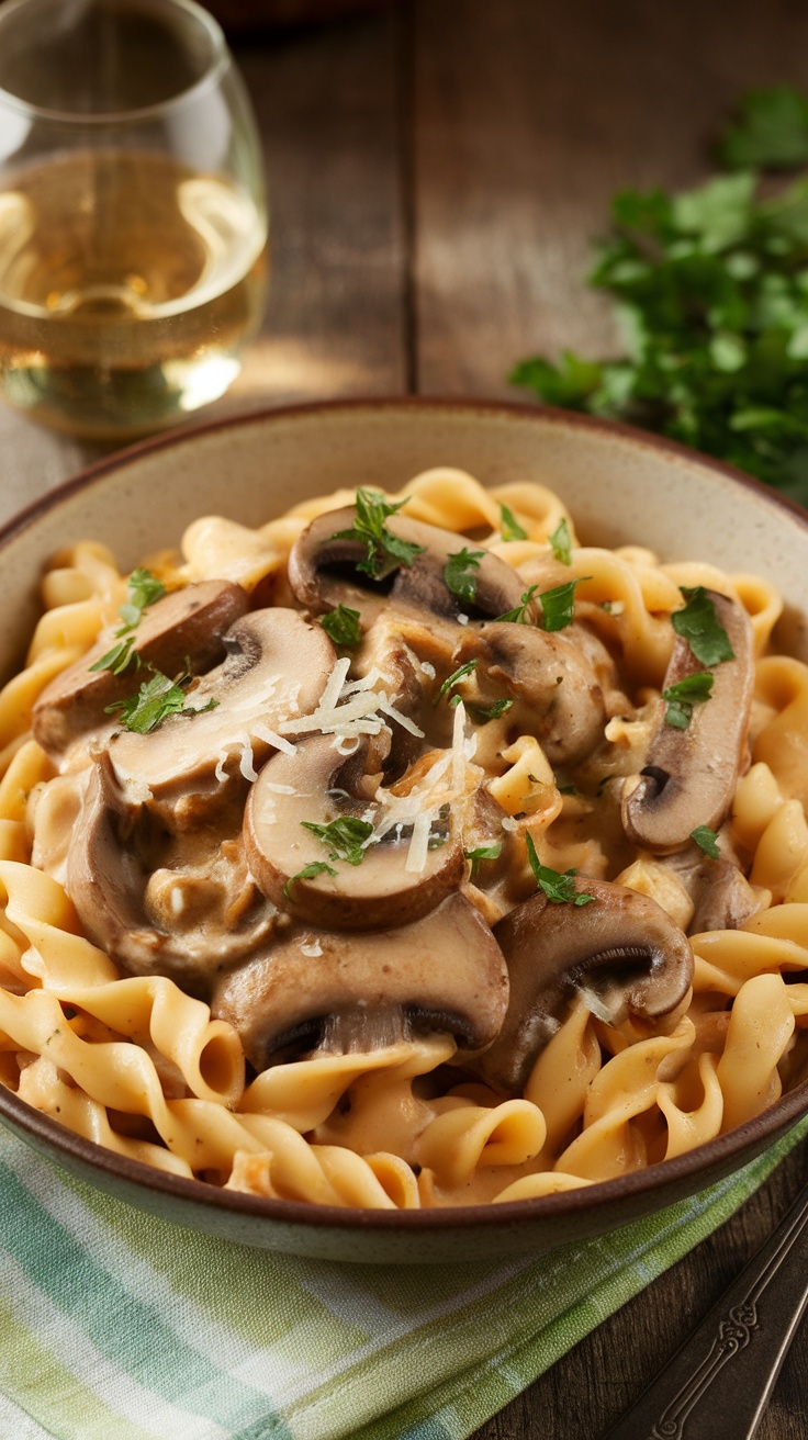 Creamy Mushroom Gruyere Pasta garnished with parsley and cheese on a wooden table.